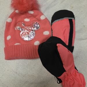 Kids' Coral Polka Dot Hat and Mittens Set